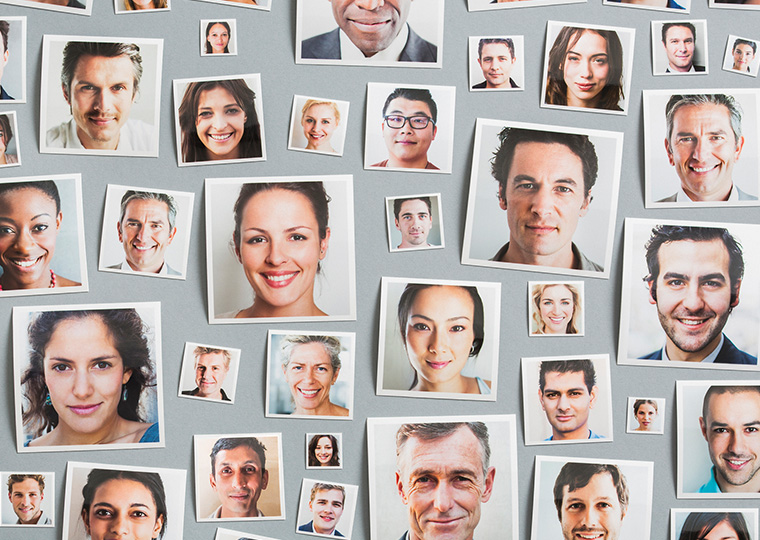 A collage of faces in white frames on a light green background